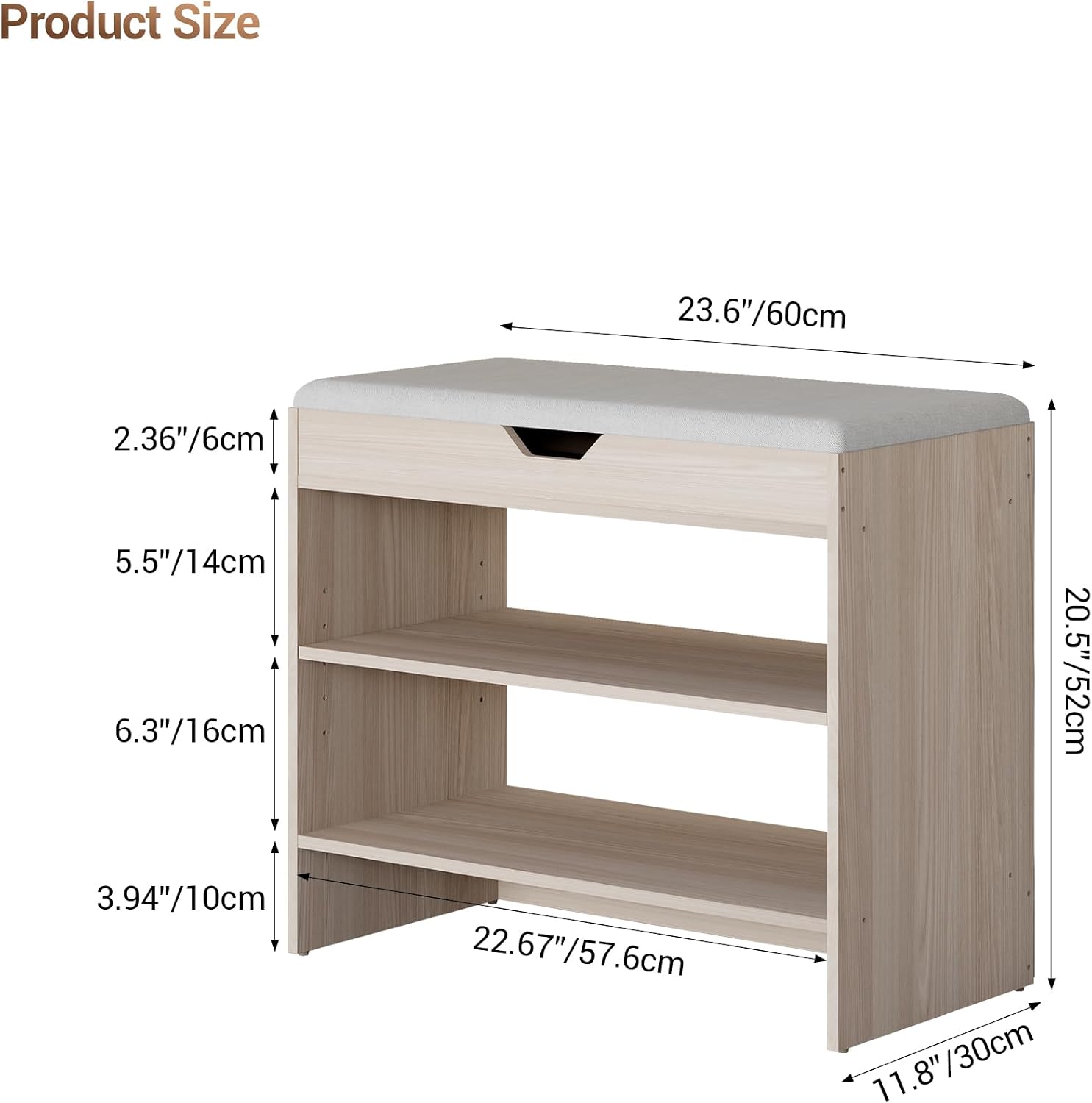 Shoe Bench with Cushion, 2 Tiers Shoe Bench with Flip-Top Storage, 23.6" Shoe Rack Organizer with Adjustable Shelves for Entryway, Hallway, Bedroom, Living Room (Natural Oak)