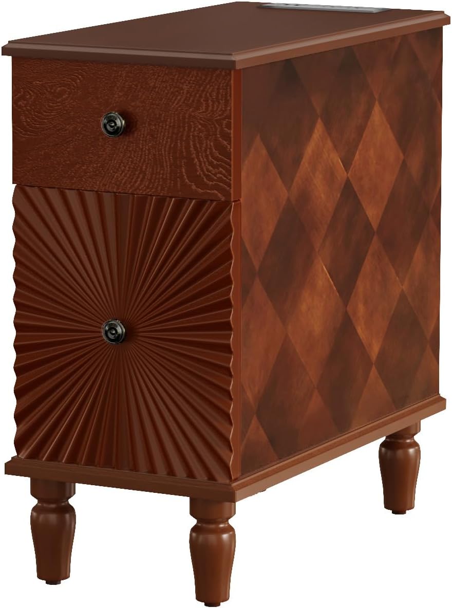 Narrow End Table with Charging Station, Slim Side Table with Drawers for Small Spaces, Long Nightstand with Storage, Traditional Small Bedside Cabinet for Living Room/Bedroom/Corner, Walnut