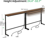 Kitstorack Narrow Sofa Table with Charging Station, 78.8" Behind Couch Table, Adjustable 24.4"-32.7" Height, Modular 2-piece Design for sectionals, entryways, Apartments, and Narrow Living Spaces