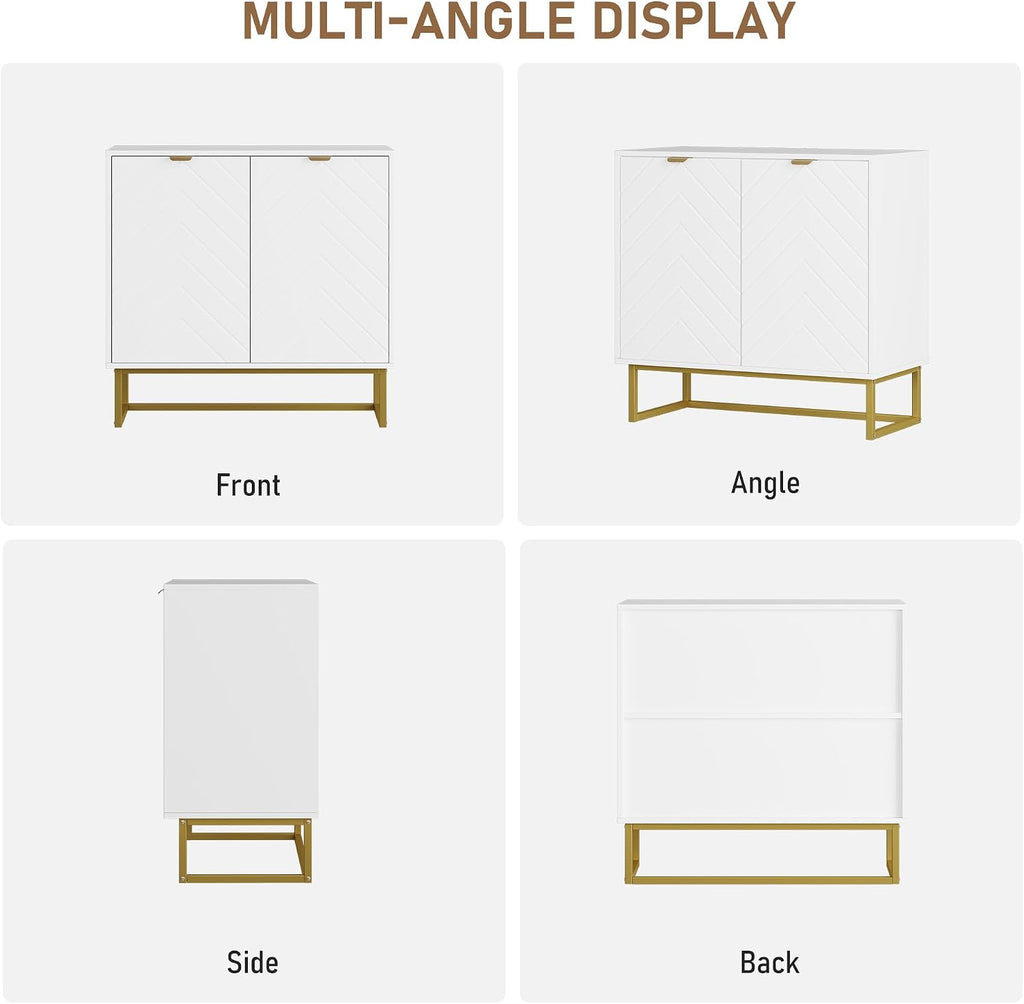Garvee 31.5 in Modern Sideboard Buffet Cabinet with Storage, Wood Accent Storage Cabinet with Herringbone Doors & Shelf, Credenza Console Table for Dining Room Living Room Entryway, White