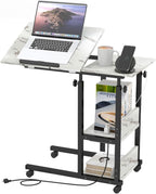 Hadulcet Adjustable C Table with Charging Station, Tiltable Desk C Shaped End Table for Couch, Over Bed Table with Wheels Adjustable Height, Hospital Table Laptop Stand Drawing Desk, Marble White