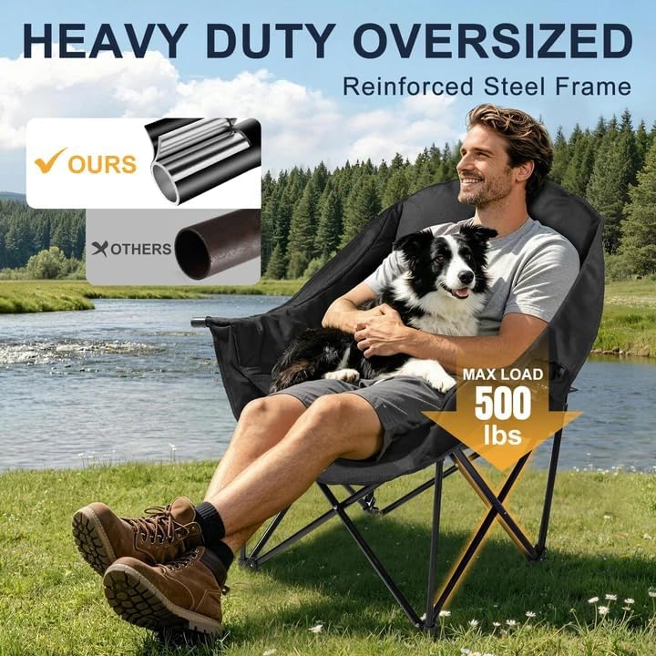 Oversized Camping Chairs for Adult - Heavy Duty Padded Portable Folding Chair XL Collapsible Camp Chair with Cup Holder Side Pocket for Outdoor Lawn Beach Sport Fishing Support 500LBS, Black