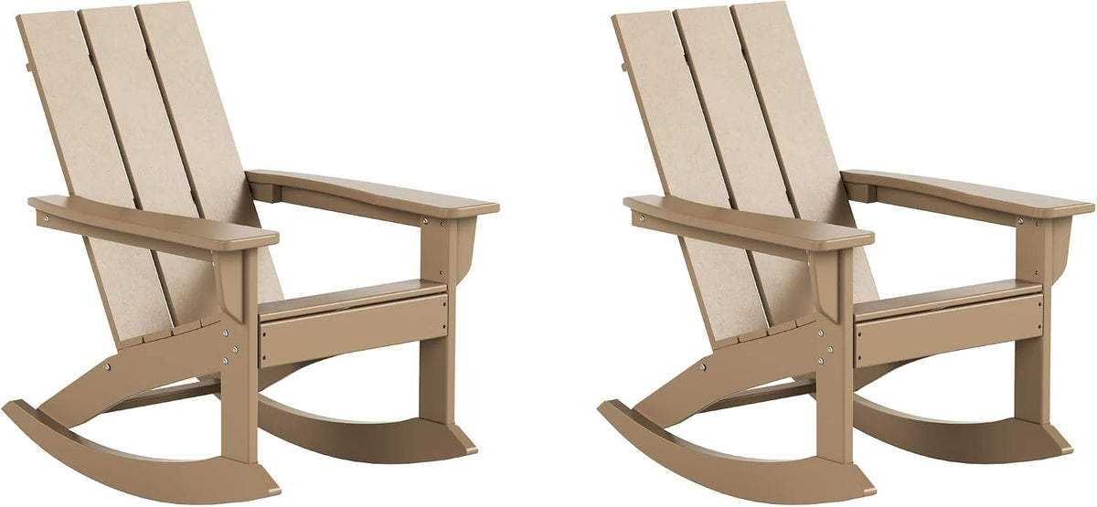 WestinTrends Ashore Patio Rocking Chairs Set of 2, All Weather Poly Lumber Plank Adirondack Rocker Chair, Modern Farmhouse Outdoor Rocking Chairs for Porch Garden Backyard and Indoor, Weathered Wood
