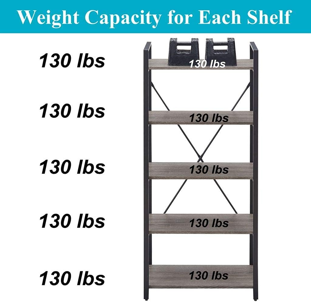 Industrial Bookshelf, Etagere Bookcases and Book Shelf 5 Tier Shelves, Grey Wood and Metal Shelving Unit (Dark Gray Oak)