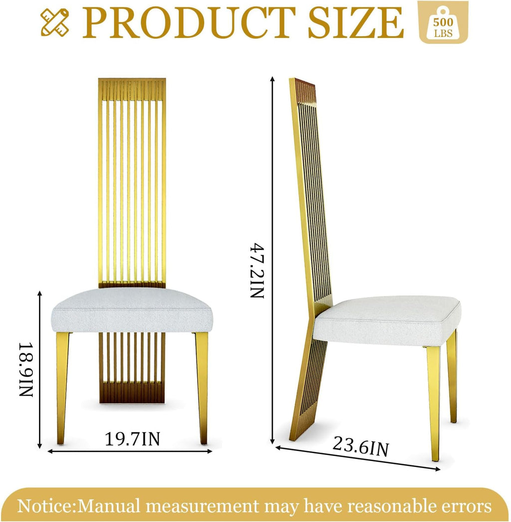 White and Gold Dining Chairs Set of 2, Upholstered Boucle Dining Room Chairs with Slatted Polished Stainless Steel High Back and Legs, Modern Luxury Kitchen Room Chairs