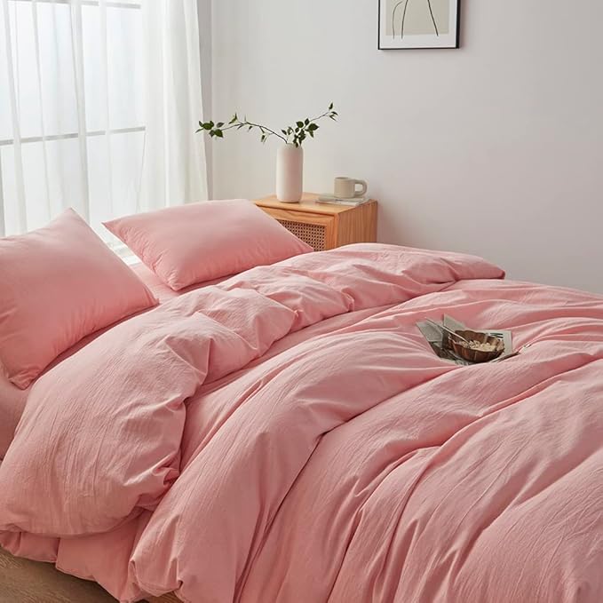 FACE TWO FACE Bedding Duvet Cover Set100% Washed Cotton Duvet Cover Linen Like Textured Breathable Durable Soft Comfy (Queen, Light Pink)