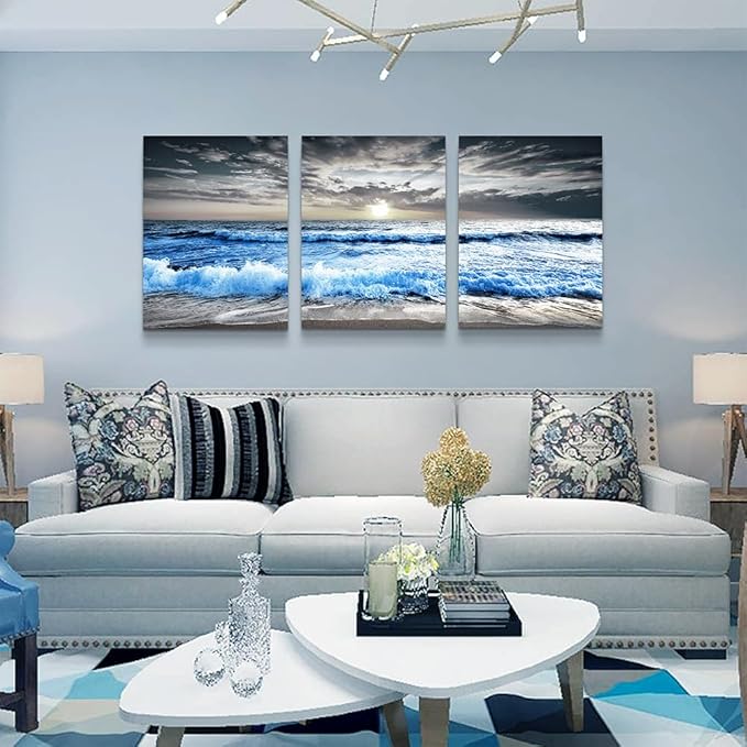 MHARTK66 Large Canvas Wall Art for Living Room, Bedroom, Office Decor - Blue Ocean Wave Seascape Pictures, Black and White Beach Painting - Modern Home Decorations