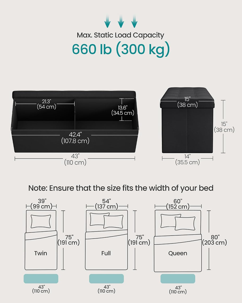 SONGMICS MAZIE Collection - 43 Inches Folding Storage Ottoman Bench, Ottoman with Storage, Foot Rest Stool, Load 660 lb, for Living Room, Synthetic Leather, Black ULSF701