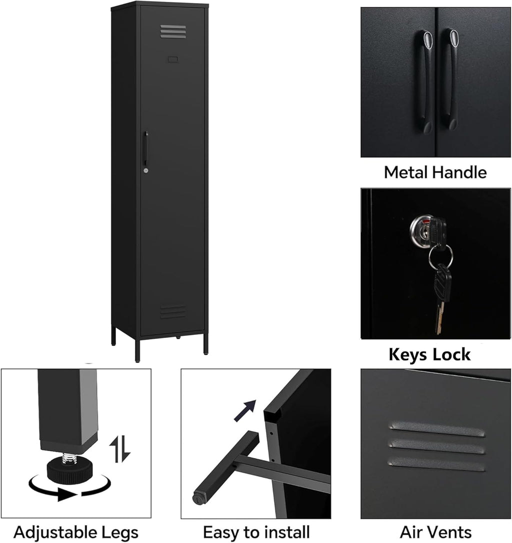 Tall Single Door Metal Locker with Adjustable Shelves, Black Tall Metal Locker Storage Cabinet，Easy Assembly for Living Room （15.8”W x 15”D x 70.9”H ）