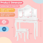 HONEY JOY Kids Vanity Set with Lighted Mirror, 2 in 1 Princess Toddler Dressing Table w/Tri-Fold Mirror & Drawer, Wooden Makeup Table & Chair Set, Pretend Play Vanity Set for Little Girls (White)