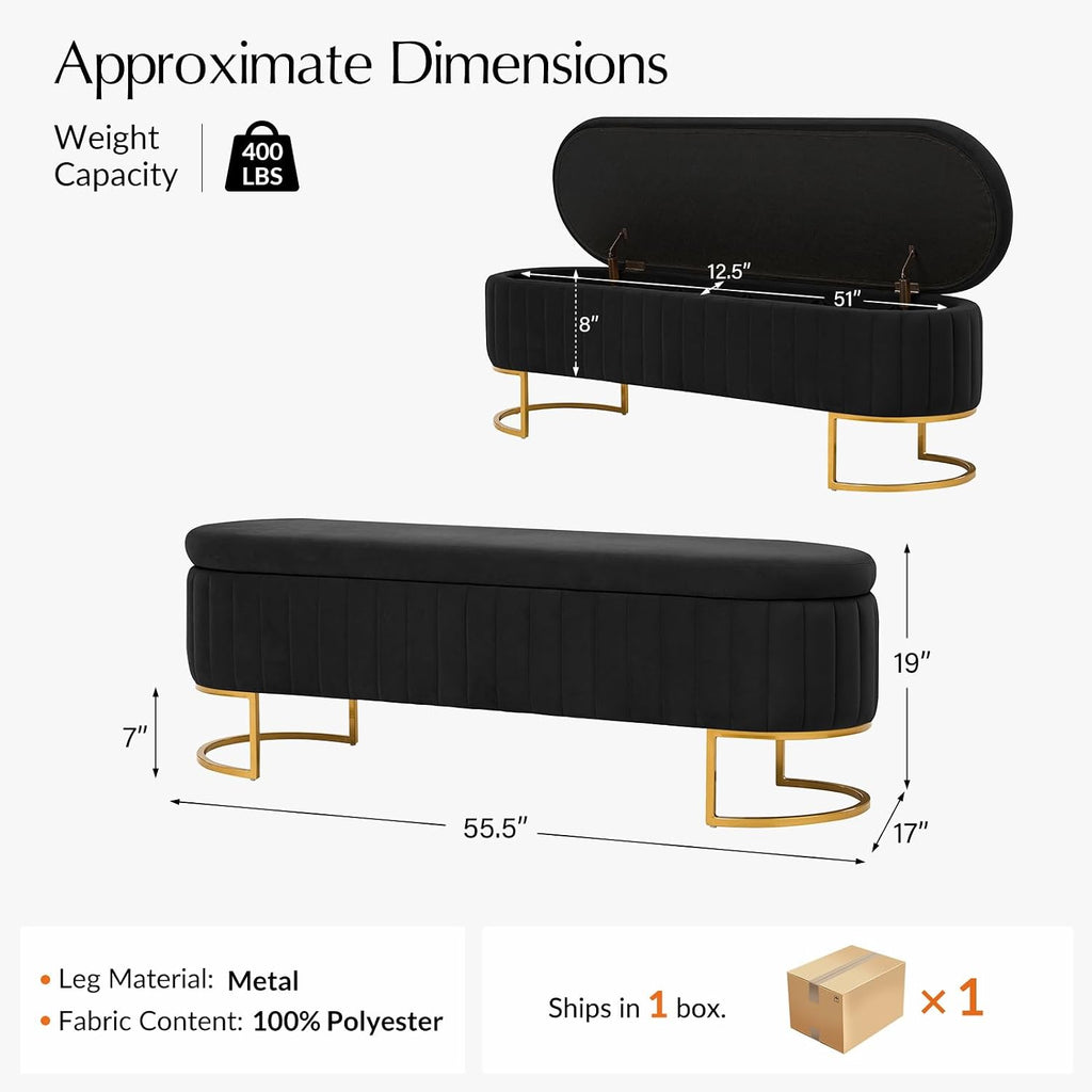 55.5" Velvet Upholstered Storage Bench with Channel Tufted Seat and Metal Legs, Multi-Functional Ottoman with Interior Organizer Pockets for Bedroom and Entryway, Flipping Lid Large Window Bench