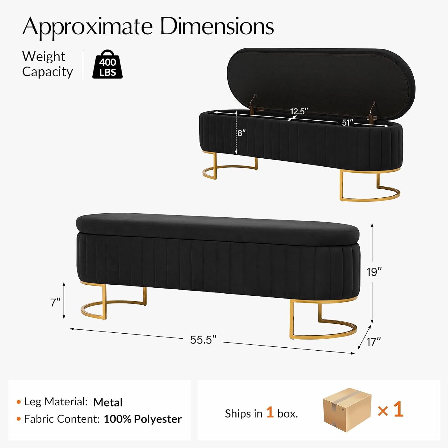 55.5" Velvet Upholstered Storage Bench with Channel Tufted Seat and Metal Legs, Multi-Functional Ottoman with Interior Organizer Pockets for Bedroom and Entryway, Flipping Lid Large Window Bench