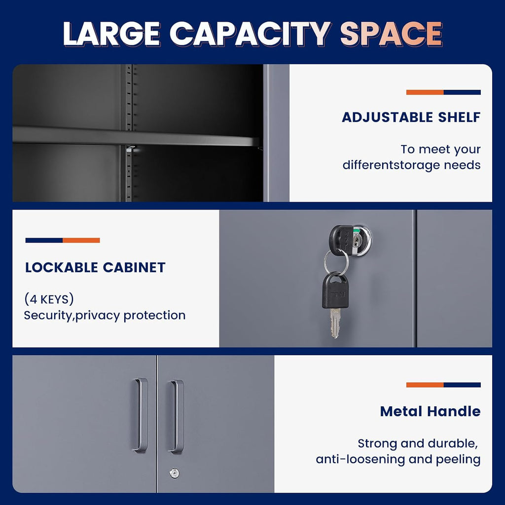 Yizosh Metal Storage Locking Cabinet with 4 Doors and 2 Adjustable Shelves,71" Lockable Garage Tall Steel Cabinet,for Home Office,Living Room,Pantry,Gym,Commercial Storage (Gray Black)
