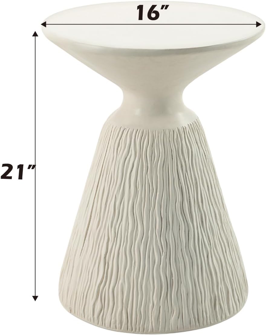 φ16 Natural White Finish Fiber Concrete Accent Table, Round Side Table for Living Room, Engineered Stone Pedestal End Table for Bedroom Small Space, No Assembly Request - White