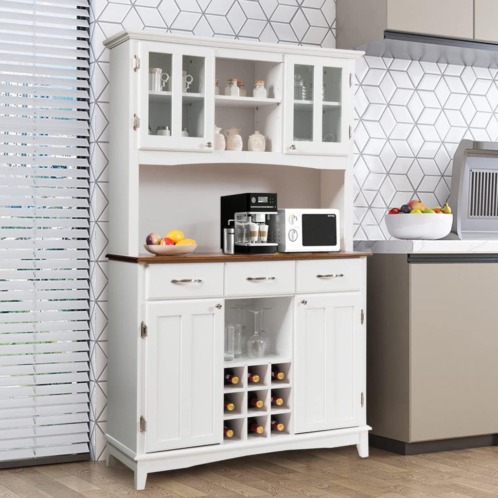 Moccha Kitchen Hutch with Storage, Farmhouse Buffet Cabinet Cupboard with Glass Doors, Drawers, Wine Rack, Adjustable Shelves, Pantry Storage Cabinet Sideboard for Living Room, Dining Room, White