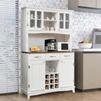Moccha Kitchen Hutch with Storage, Farmhouse Buffet Cabinet Cupboard with Glass Doors, Drawers, Wine Rack, Adjustable Shelves, Pantry Storage Cabinet Sideboard for Living Room, Dining Room, White