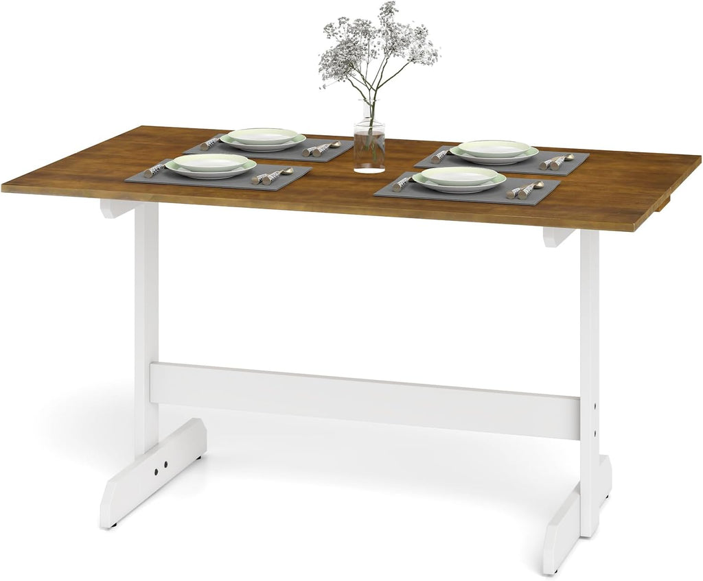 Giantex 55" Dining Table for 4-6, Farmhouse Kitchen Table with H-Shaped Rubber Wood Leg, Adjustable Foot Pads, Rectangular Wood Dinner Tables for Dining Room, Home Office, Living Room, Dinette