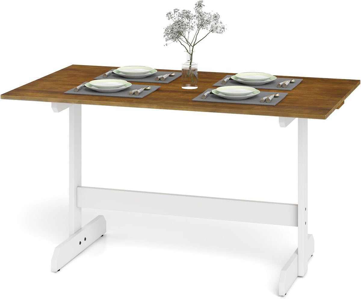 Giantex 55" Dining Table for 4-6, Farmhouse Kitchen Table with H-Shaped Rubber Wood Leg, Adjustable Foot Pads, Rectangular Wood Dinner Tables for Dining Room, Home Office, Living Room, Dinette