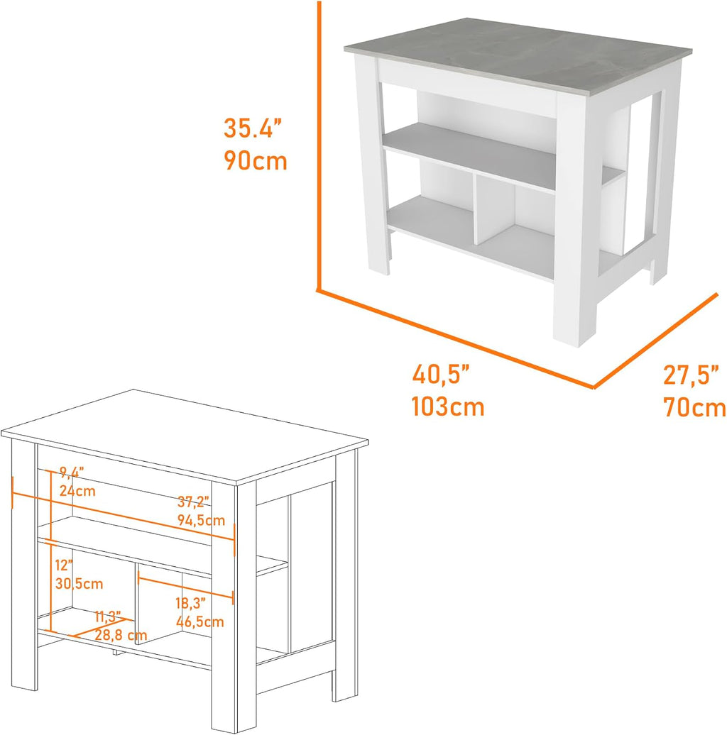 Kitchen Island with Three Shelves, White and Ibiza Marble Finish | Three storage shelves with varying dimensions for organized kitchen storage