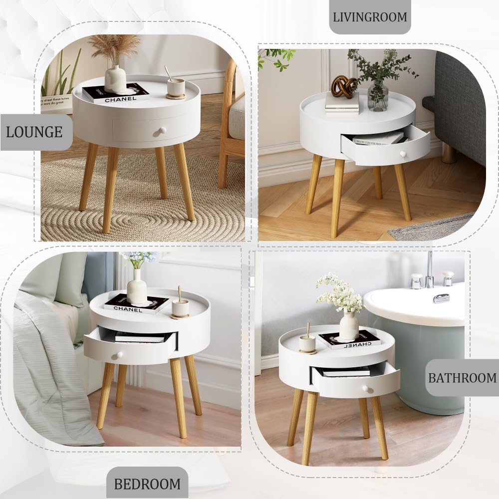 18" H Modern Nightstand with Storage Drawer & Oak Legs Bedside Table, Sofa Side Coffee Table for Bedroom, Living Room (White + MDF)