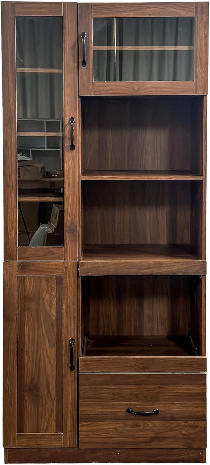 JOYSOURCE Tall Kitchen Hutch Cabinet with Pull-Out Shelves, Storage Drawer, Glass Doors Freestanding Pantry Large Kitchen Cupboard for Dining Room with Microwave Countertop Walnut Finish