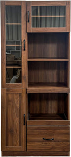 JOYSOURCE Tall Kitchen Hutch Cabinet with Pull-Out Shelves, Storage Drawer, Glass Doors Freestanding Pantry Large Kitchen Cupboard for Dining Room with Microwave Countertop Walnut Finish