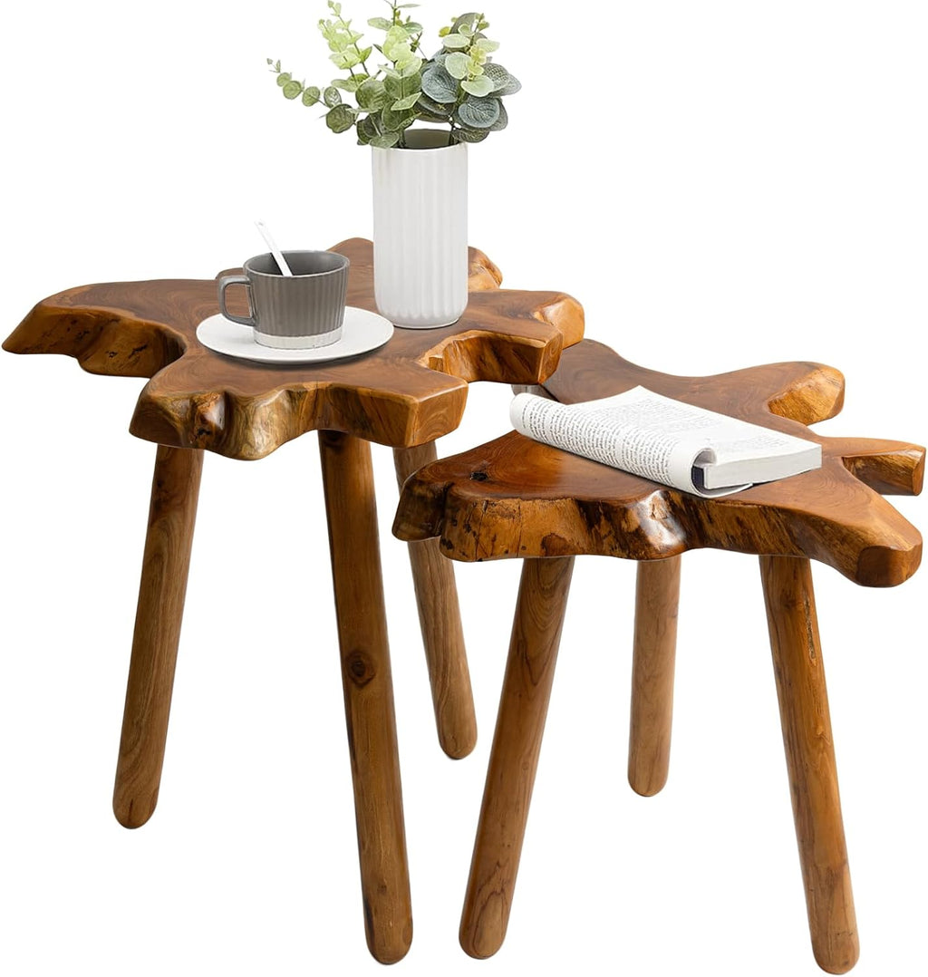 Natural Teak Wood Live Edge Side Table with Wood Legs – Rustic Side Table for Living Room, Bedroom – Sturdy Real Teak Wood End Table, Easy to Assemble (14"x16"x20" +18"x20"x20")