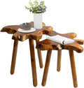 Natural Teak Wood Live Edge Side Table with Wood Legs – Rustic Side Table for Living Room, Bedroom – Sturdy Real Teak Wood End Table, Easy to Assemble (14"x16"x20" +18"x20"x20")