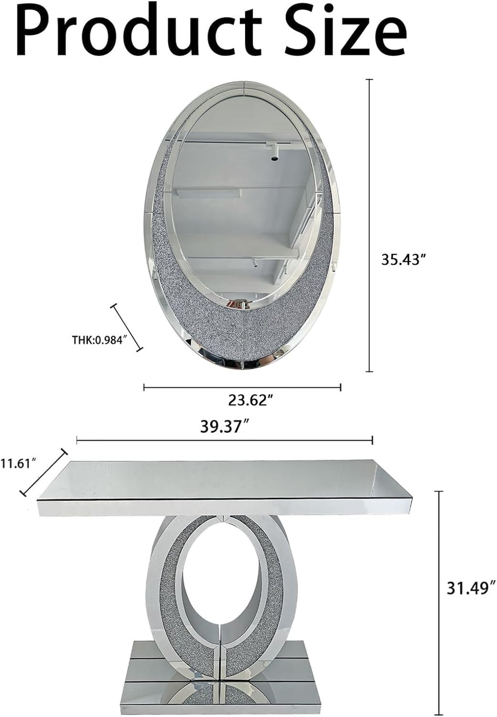 2 Piece Mirrored Console Table & Oval Wall Mirror Set, 39.5" Silver Entryway Sofa Table with Crystal-Inlaid Olive-Shape Base and Crush Diamond Round Wall Mirror Set for Entryway Hallway Entrance
