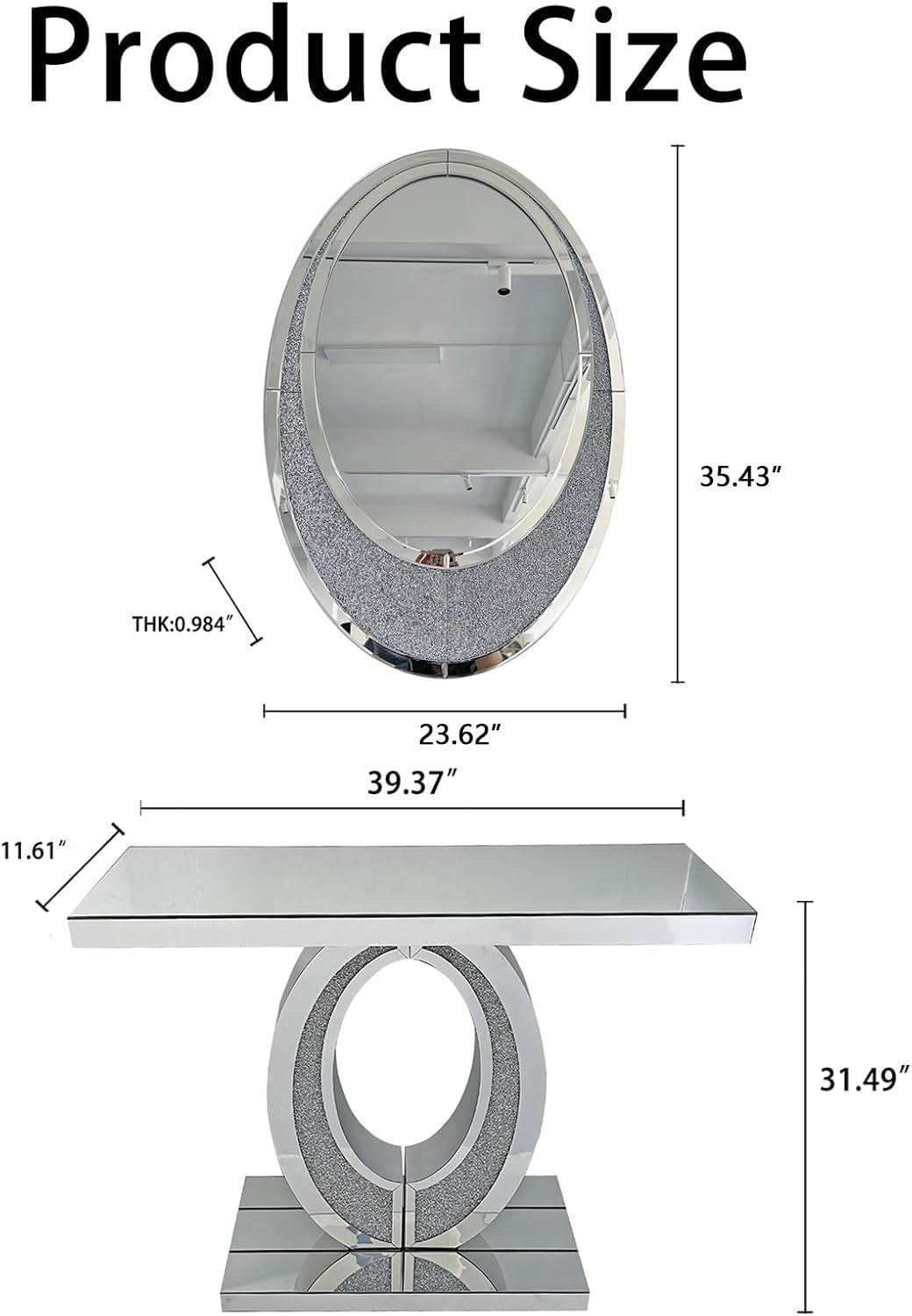 2 Piece Mirrored Console Table & Oval Wall Mirror Set, 39.5" Silver Entryway Sofa Table with Crystal-Inlaid Olive-Shape Base and Crush Diamond Round Wall Mirror Set for Entryway Hallway Entrance