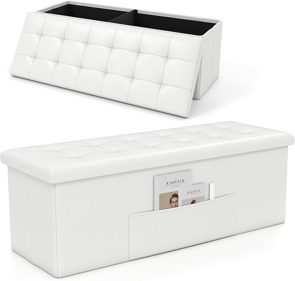 43 Inches Folding Storage Ottoman Bench, Foldable Foot Rest Stool End of Bed Bench with Side Pocket, Storage Chest for Living Room, Entryway & Bedroom (White)