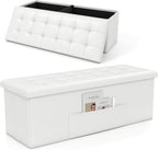 43 Inches Folding Storage Ottoman Bench, Foldable Foot Rest Stool End of Bed Bench with Side Pocket, Storage Chest for Living Room, Entryway & Bedroom (White)