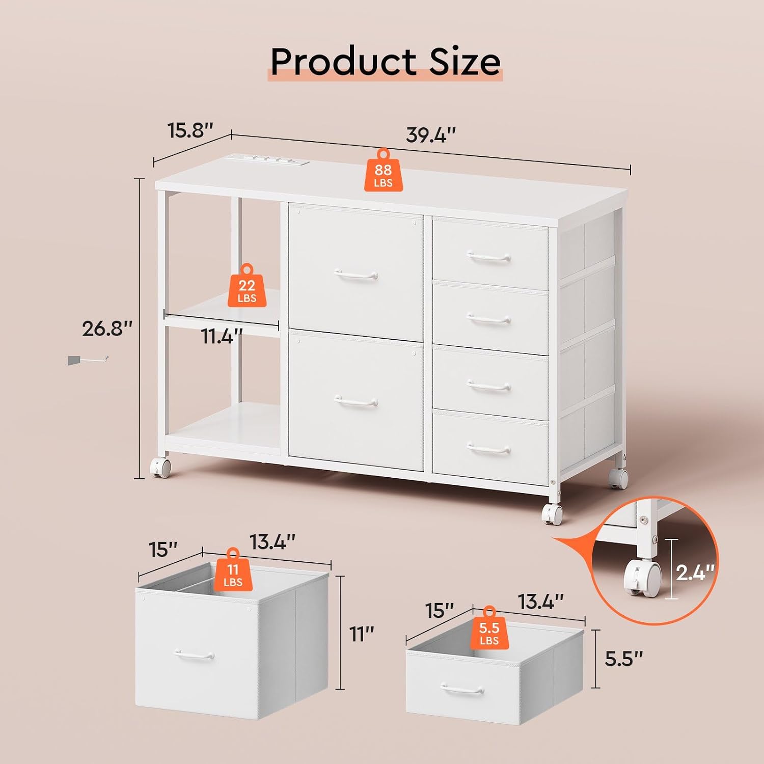Maihail 6 Drawer File Cabinet with Charging Station and Open Storage Shelf, White