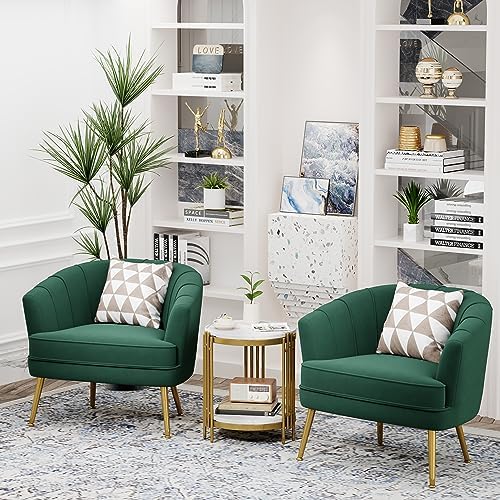 Andeworld Velvet Accent Chair, Barrel Armchair, Green | Velvet Upholstery, Golden Metal Legs, Comfy Barrel Back, Modern Style, Living Room Bedroom Office