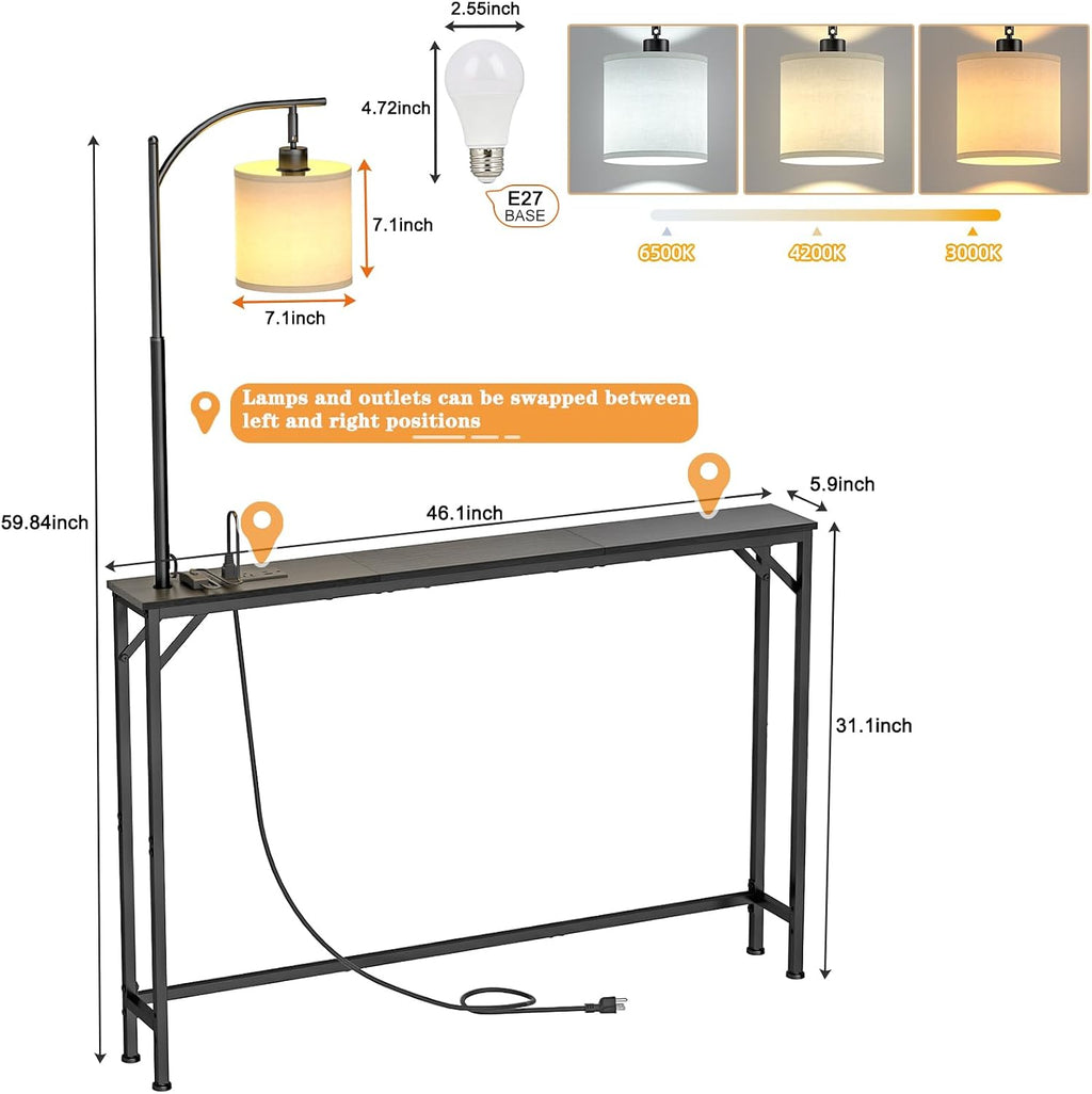 keomaisyto Narrow Console Table with 3-Color Light & Outlet, 31" H Skinny Sofa Table, Behind Couch Table with 3 Color Temperatures Led Bulb for Living Room, Bedroom, Entryway, Hallway, Black