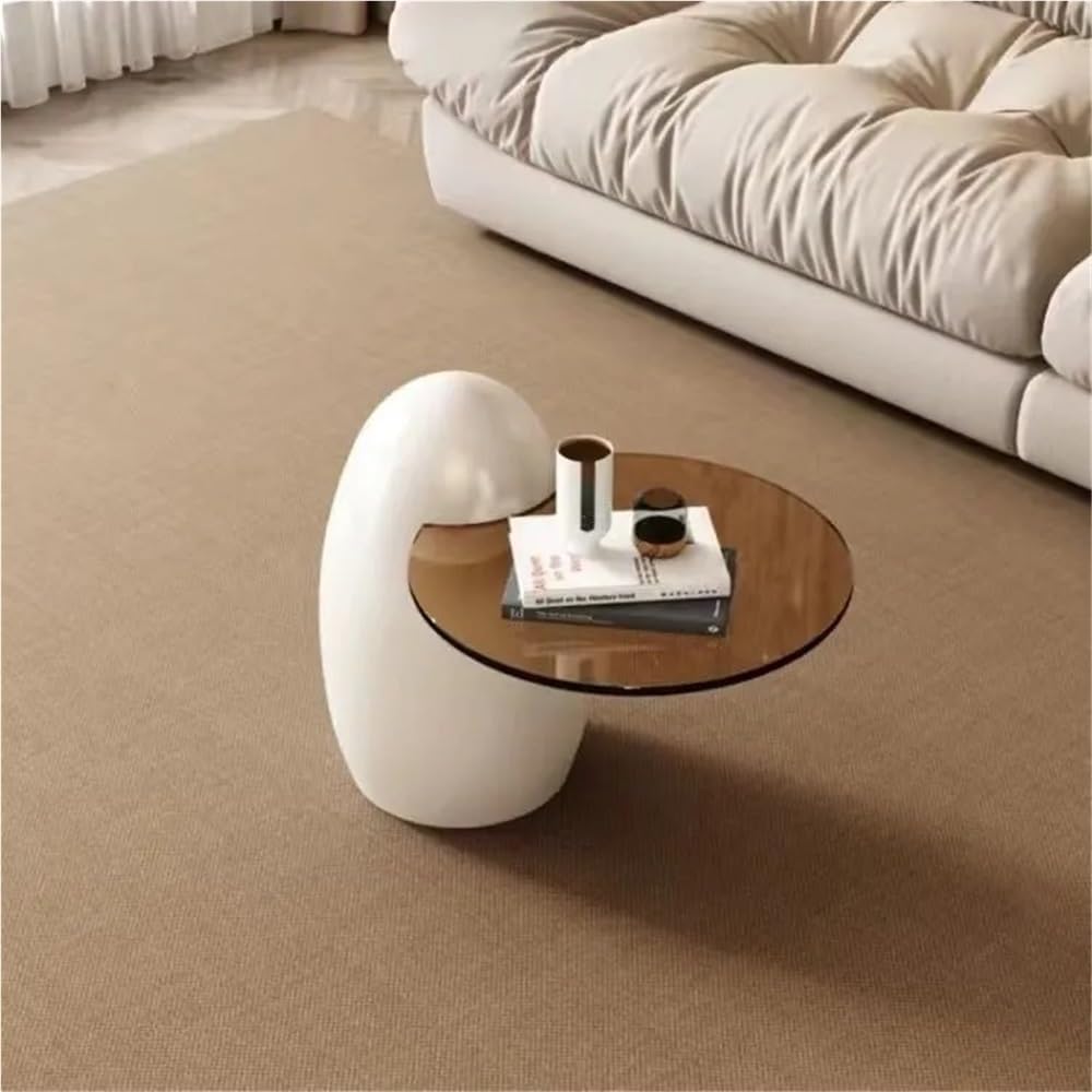 Modern PE Plastic Coffee Table, Nesting End Table with Glass Top, Egg-Shaped Side Table for Living Room, Bedroom, Small Spaces