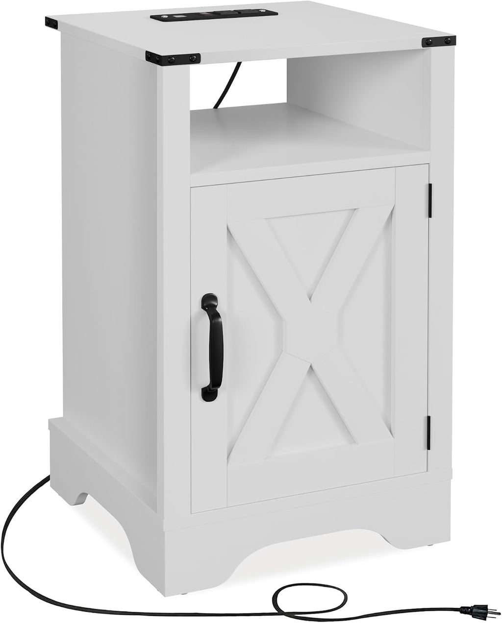 RoyalCraft Farmhouse Nightstand, White End Table for Bedroom | 25" Tall Bedside Table with Charging Station, Wooden Side Table with Large Storage and Shelf for Bedroom, Living Room