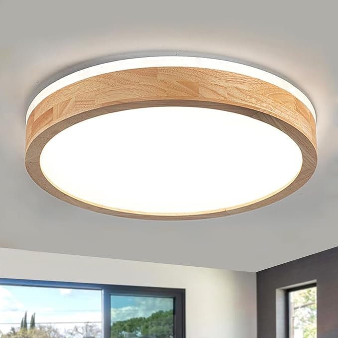 Modern Dimmable Wood Flush Mount Ceiling Light, 2700K-6000K 5CCT Round Close to Ceiling Lighting Fixtures, Minimalist LED Ceiling Lamp for Bedroom, Kitchen, Hallway, Laundry Room-11.81in
