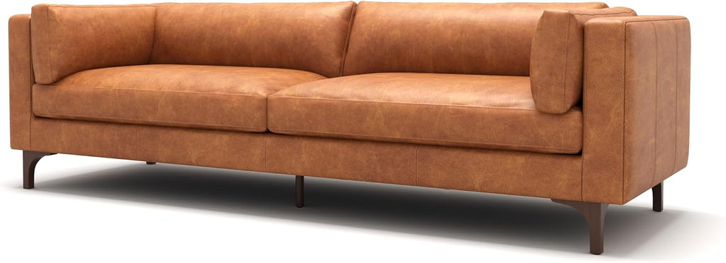Valencia Mary Leather Couch 93" | Top Grain Nappa 11000 Leather Wide Seat, Solid Wood Frame, Plush Cushioning, Top-Stitched French Seams, Saddle Tan