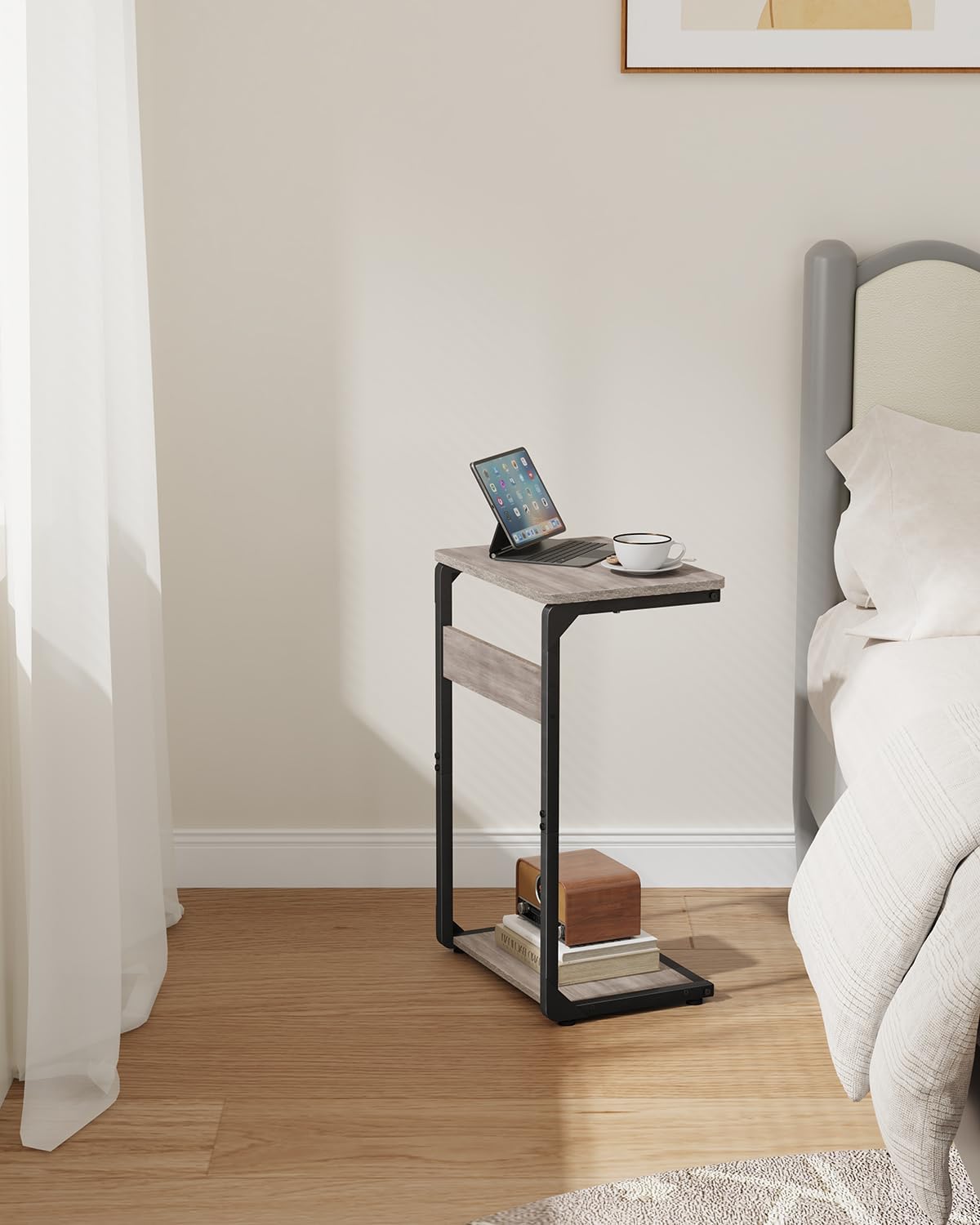 Wood Pedestal Dinner TV Trays Table for Eating on Couch Tables Slide Under, Small Laptop Stands Sofa Side Table Night Stand C Shaped End TV Tray for Bed Nightstand Arm Chair Bedroom Bedside ET-YB-GYW1