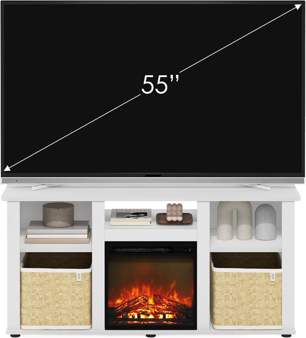 Furinno Jensen Fireplace TV Stand, Entertainment Center, TV Console for TV up to 55 Inch with Fireplace and Open Storage Compartment, for Living Room, Bedroom, Solid White