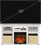 Furinno Jensen Fireplace TV Stand, Entertainment Center, TV Console for TV up to 55 Inch with Fireplace and Open Storage Compartment, for Living Room, Bedroom, Solid White