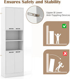 POWERSTONE Wood Kitchen Pantry Cabinet, 75" Tall Bathroom Storage Cupboard with 4 Doors & Shelves, Slim Freestanding Utility Hutch for Dining Room, Living Room, Bathroom White