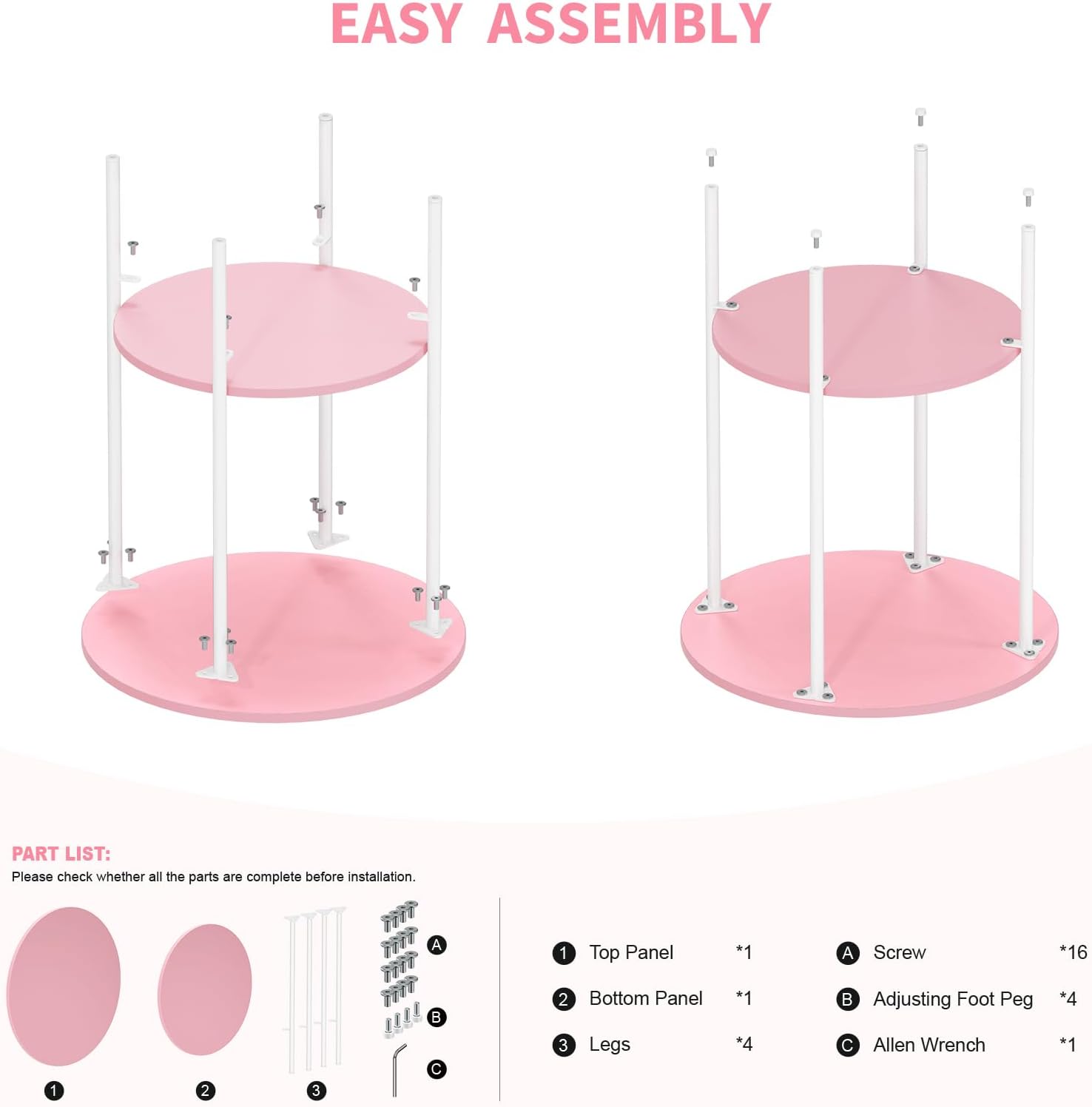 Side Table,Round End Table with 2 Storage Shelves| Compact Side Tables for Living Room, Couch, Gym, Office & Bedroom | Narrow Accent Table as Space-Saving Small Bedside Table 18x18x22in(Pink)