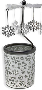 Snowflake Spinning Candle Holder – Rotating Snowflake Charms, Frosted Glass Votive Holder with Laser-Cut Metal Snowflakes – Scandinavian Christmas Table and Mantel Decor – 6.25" H