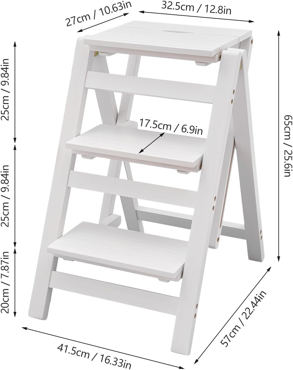 Folding Step Stool for Adults, 3 Tier Step Ladder Portable Counter Chair Wooden Trapezoidal Shelf with Convenient Handle for Home Office Garage Library