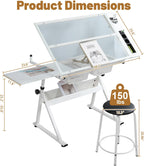 Drafting Table with Stool, Height Adjustable Art Desk with Tilting Tempered Glass Tabletop, Expansion Board, and Multi-Storage, Drawing Table for Studio, Artists, Home Office, Painters, White
