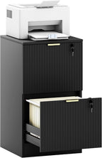 HOMCOM 2 Drawer File Cabinet Fluted Vertical with Lock Printer Stand Black | Adjustable Hanging Rails, for A4 Letter Size Files, with Storage