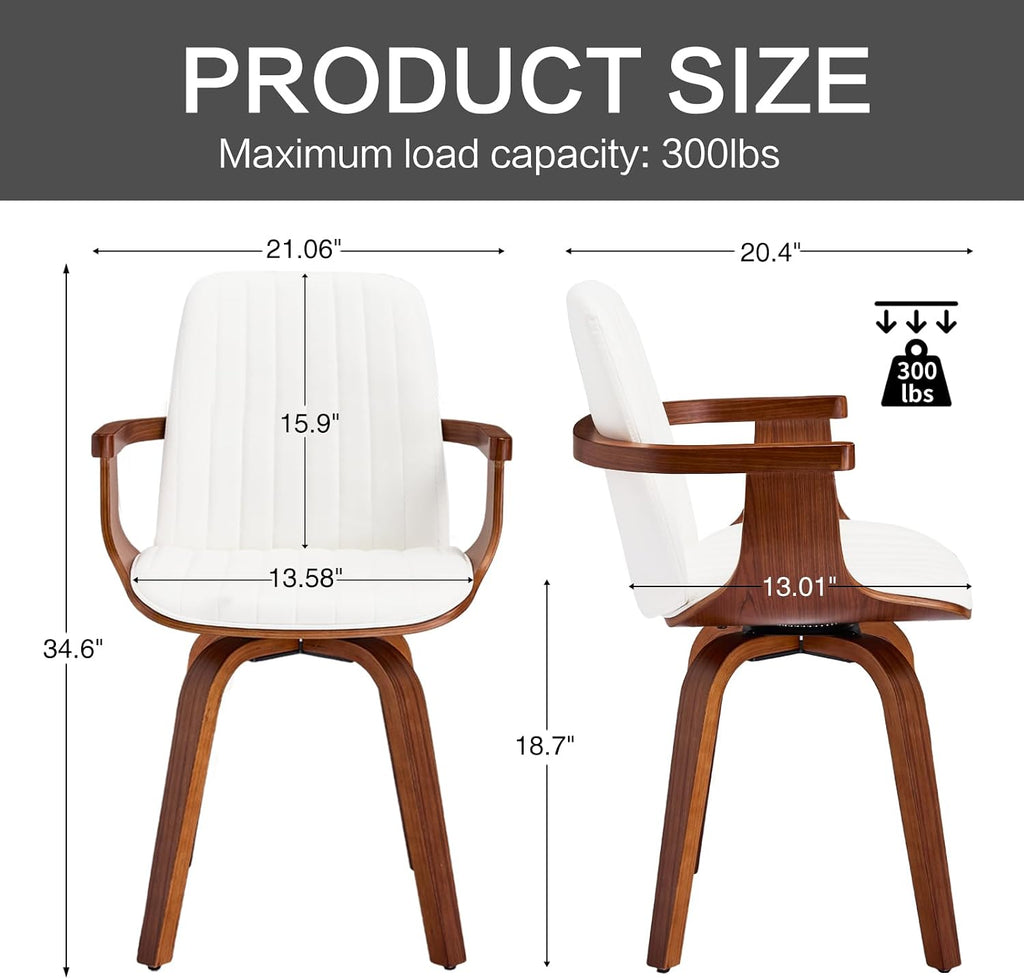 VipDesk Swivel Dining Chairs Set of 2 - Mid Century Modern Kitchen Chairs for Dining Room, Upholstered PU Leather Chairs with Walnut Arms and Legs, White