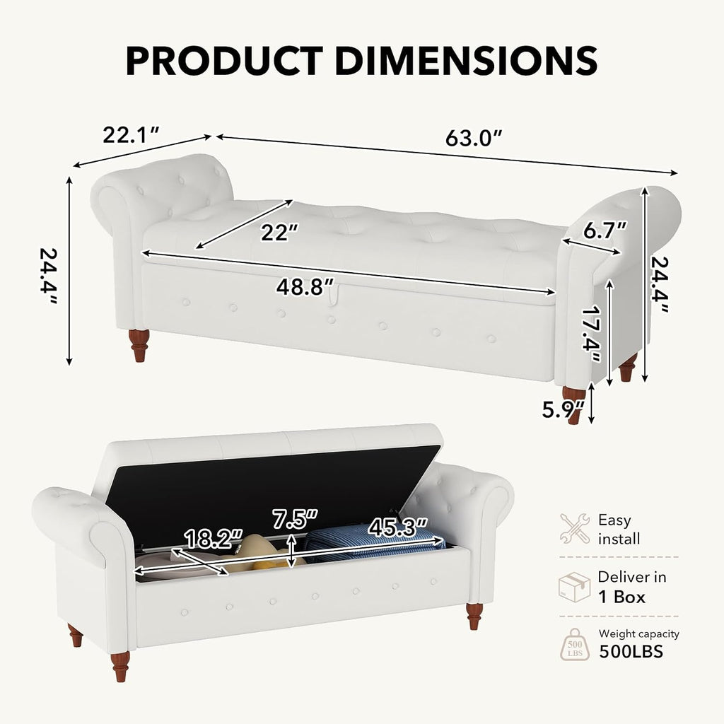 63" Wide Storage Bench, Polyester Upholstered End of Bed Bench with Pull Ring Design, Storage Shoe Cabinet Bench with Rolled Arm, Modern Window Bench for Bedroom (Cream White)